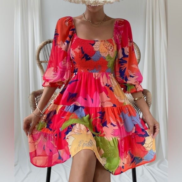 Pink and Orange Puff Sleeve Backless Sundress - Picture 3 of 4